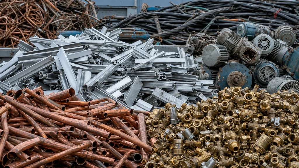 Getrennte Metalle mit Kupfer, Messing, Aluminium und Kabeln für das Metallrecycling in Witten