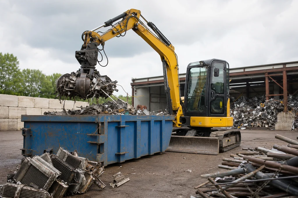 Bagger verlädt Metallschrott in einen Container für die Schrottabholung in Castrop-Rauxel