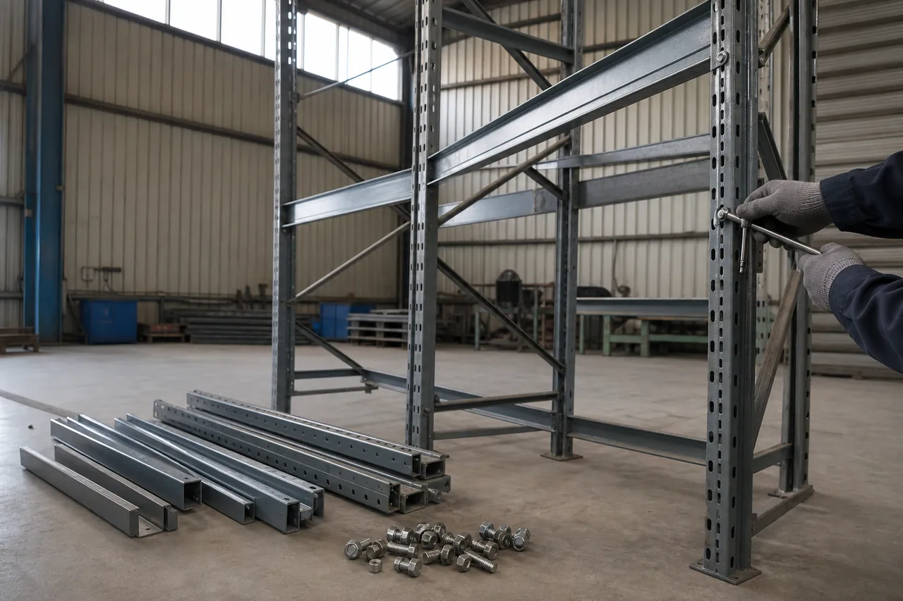 Demontage eines Metallregals in einer Werkstatt oder Lagerhalle