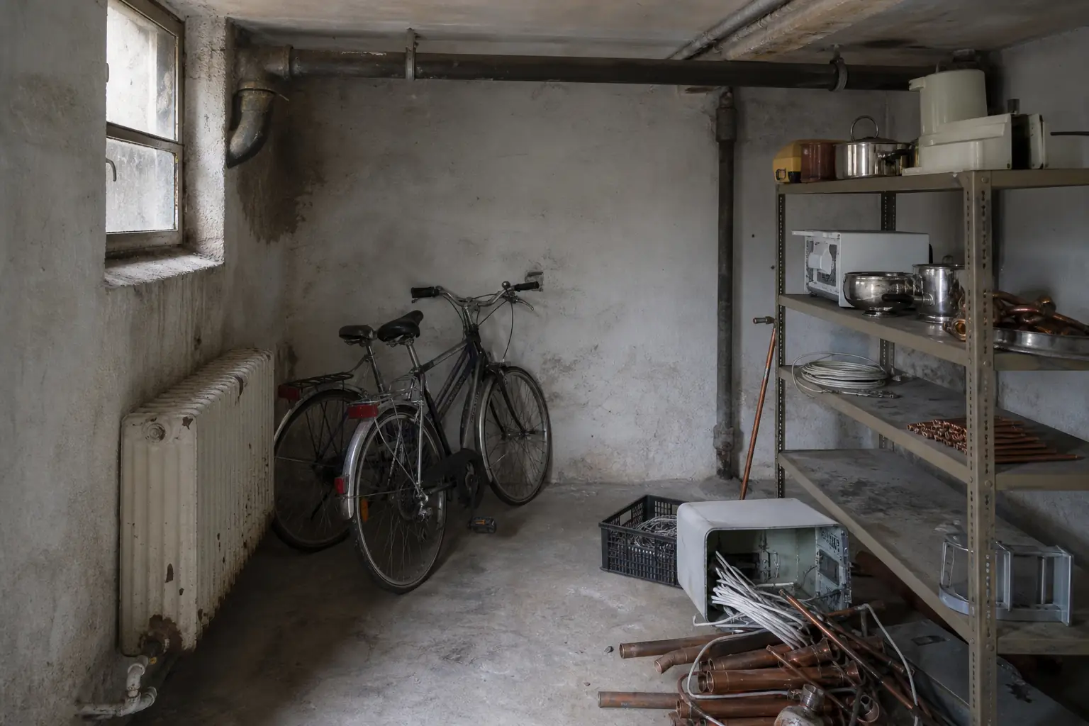 Keller mit Heizkörper, Fahrrad und Metallbestand in Düsseldorf
