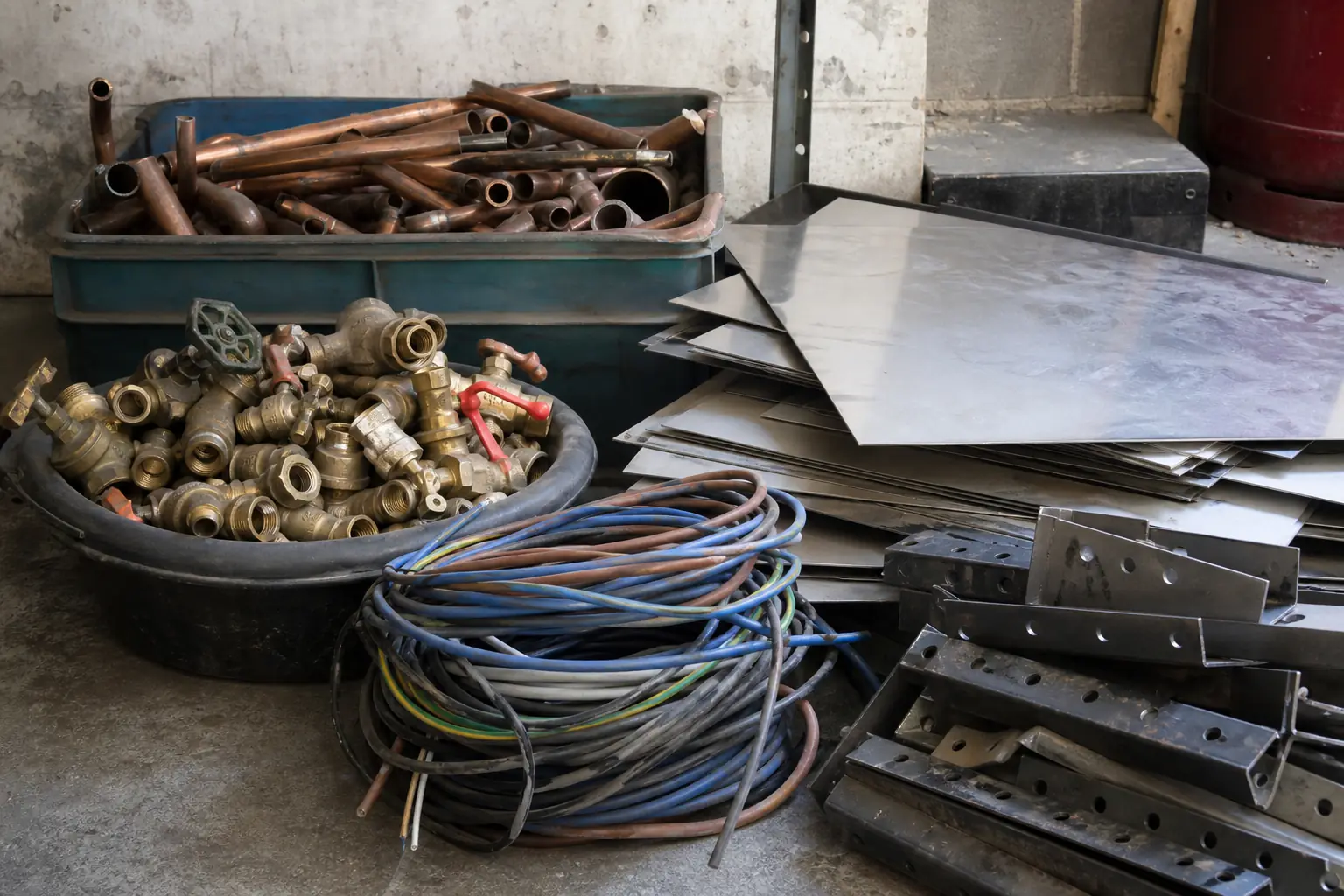 Kupferrohre, Messing, Kabel und Stahlteile in einer Werkstatt
