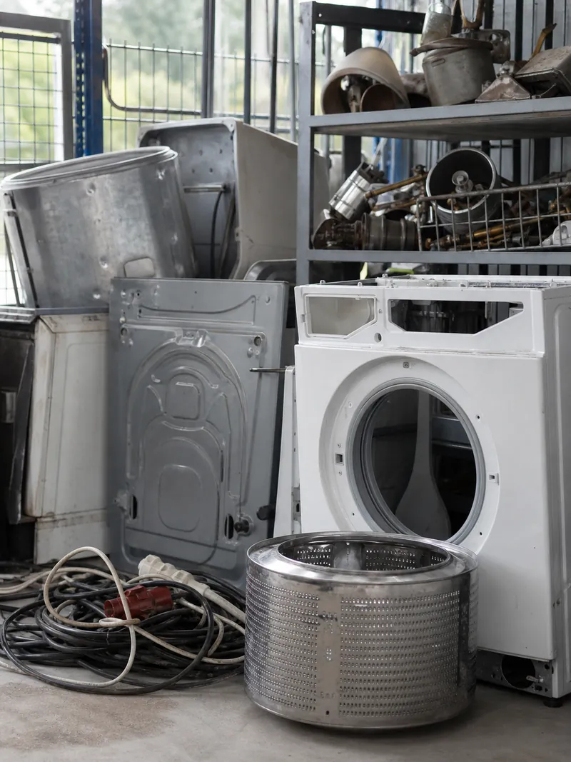Alte Waschmaschinen, Kabel und Metallteile zur fachgerechten Elektroschrottverwertung