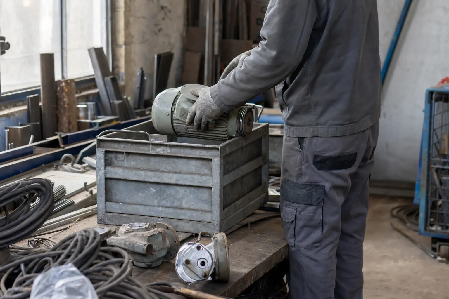 Werkstattbestand mit Elektromotor und Pumpenteilen in Hamm