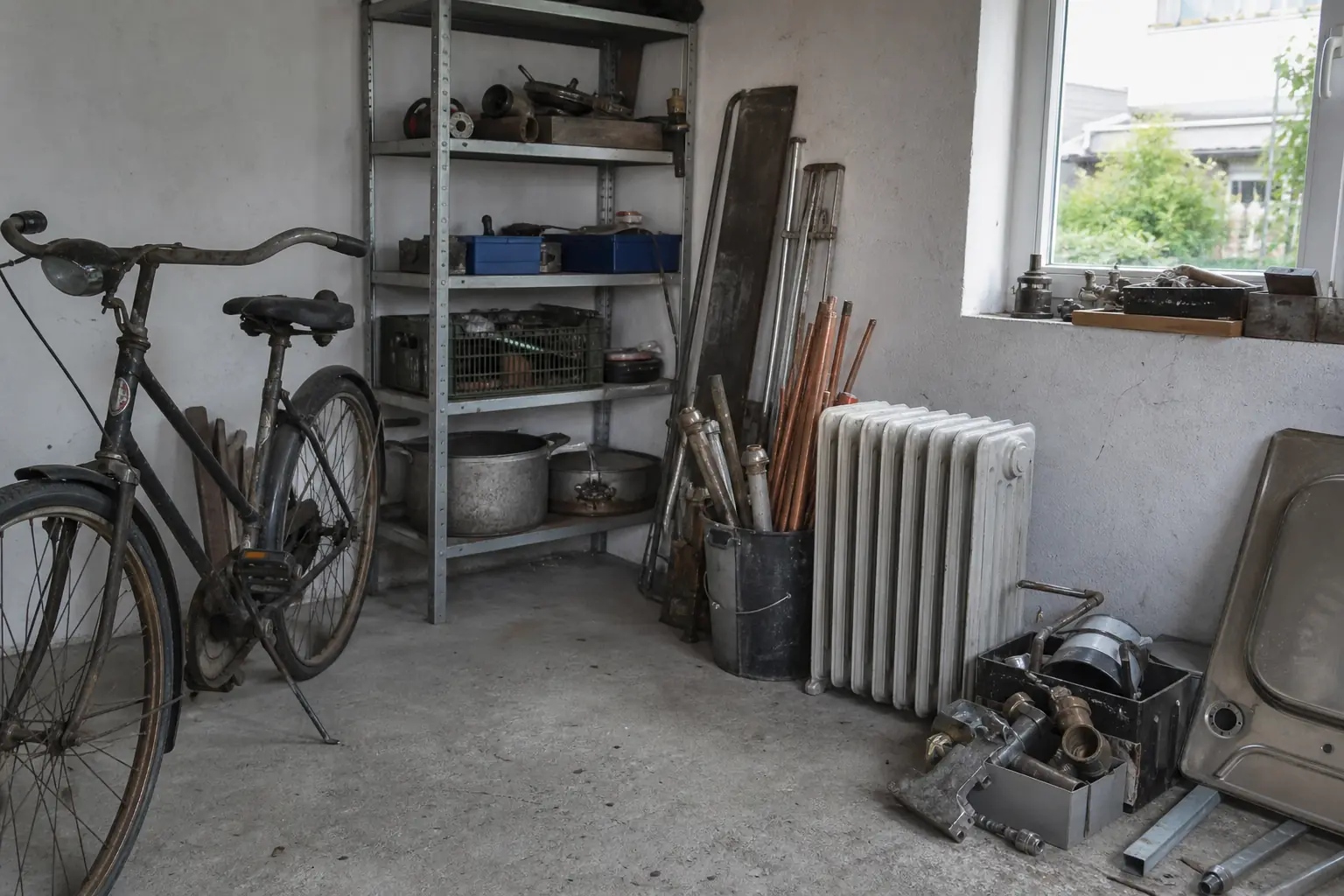 Garage mit Fahrrad, Heizkörpern und Metallschrott in Köln