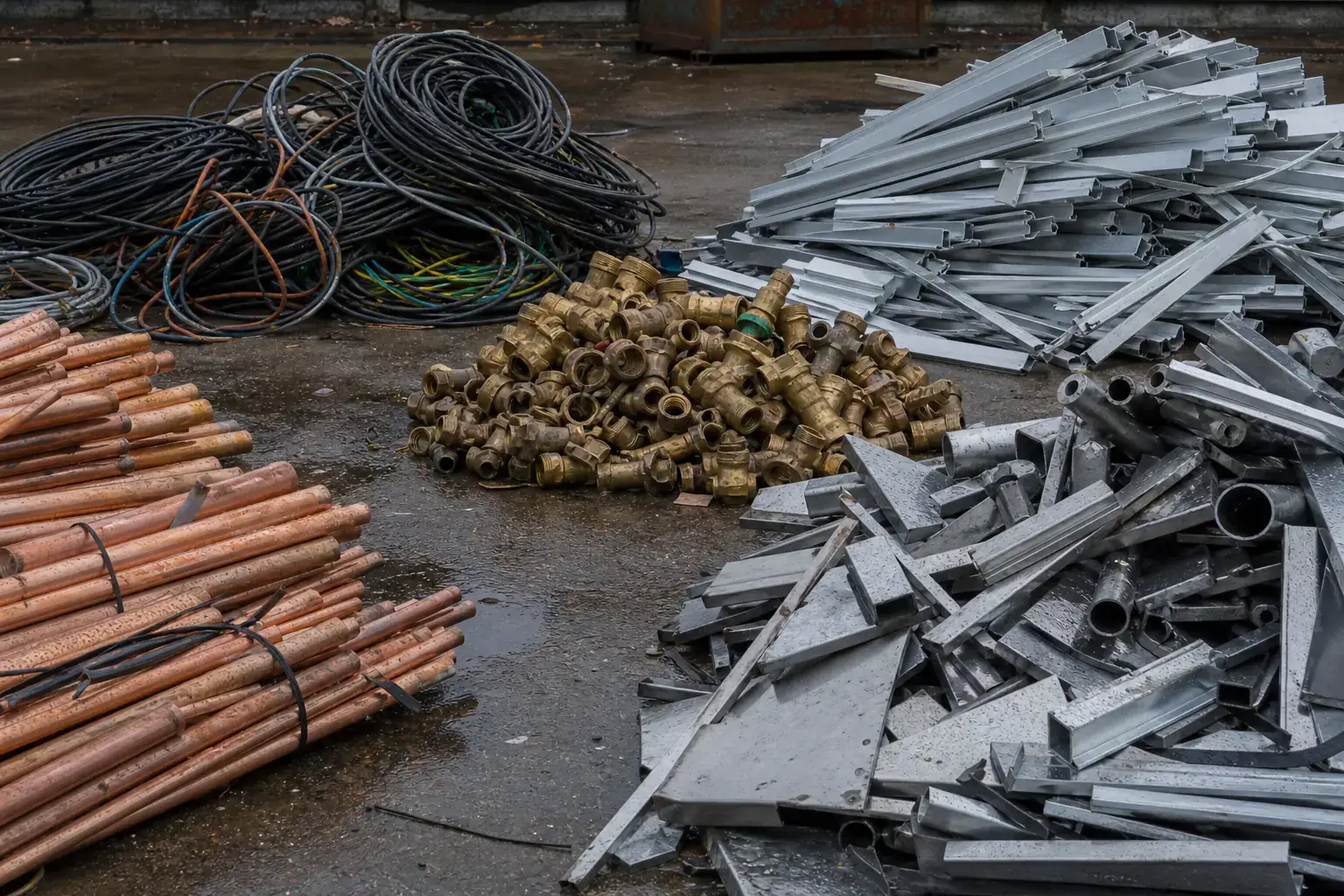 Sortierte Metallteile aus Kupfer, Messing, Aluminium und Stahl