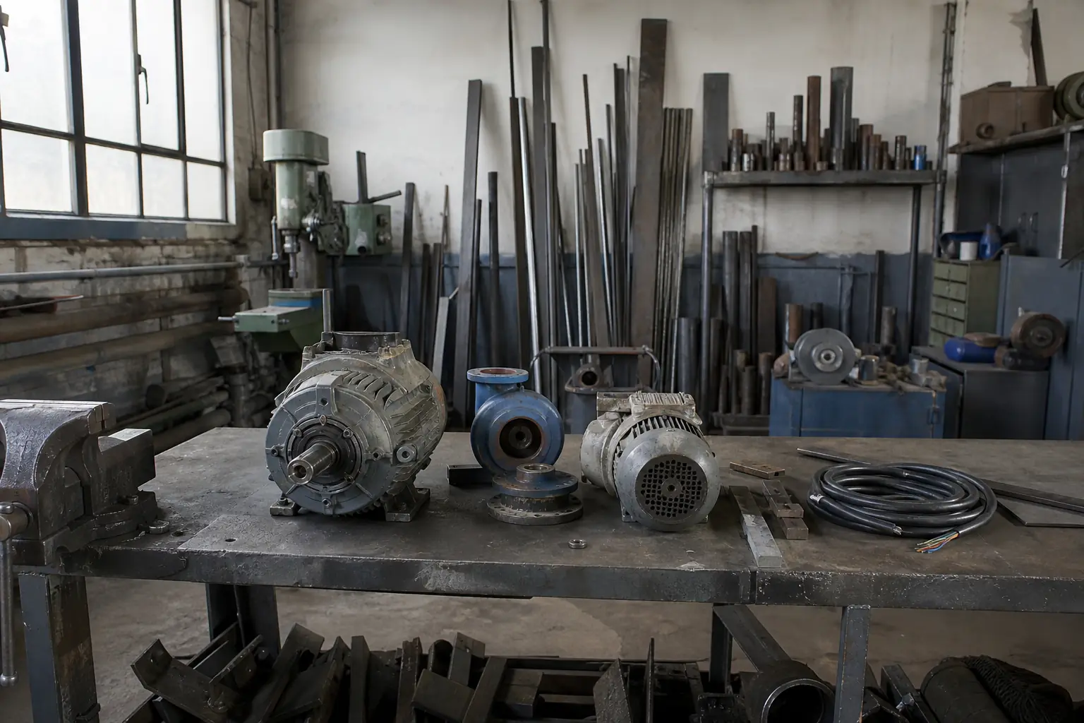 Werkstatt mit Elektromotoren und Metallteilen in Köln