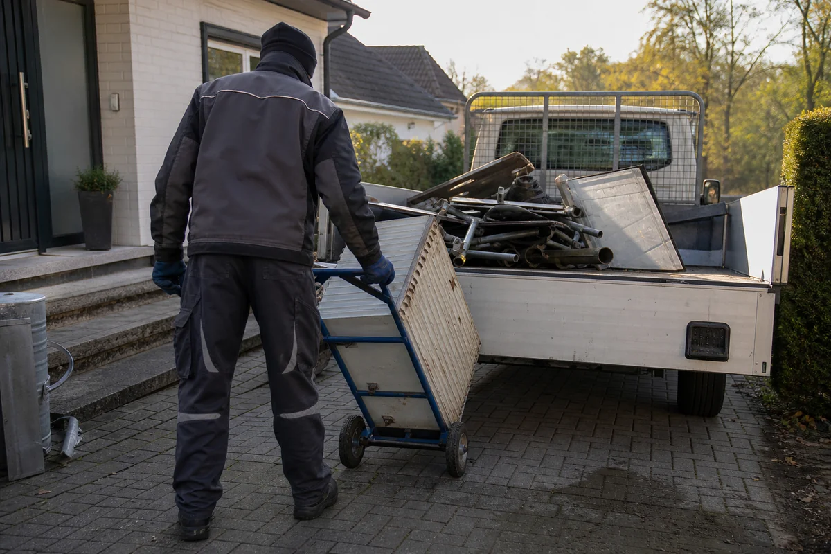 Mitarbeiter lädt einen alten Heizkörper und Metallschrott für die Schrottabholung in Dortmund