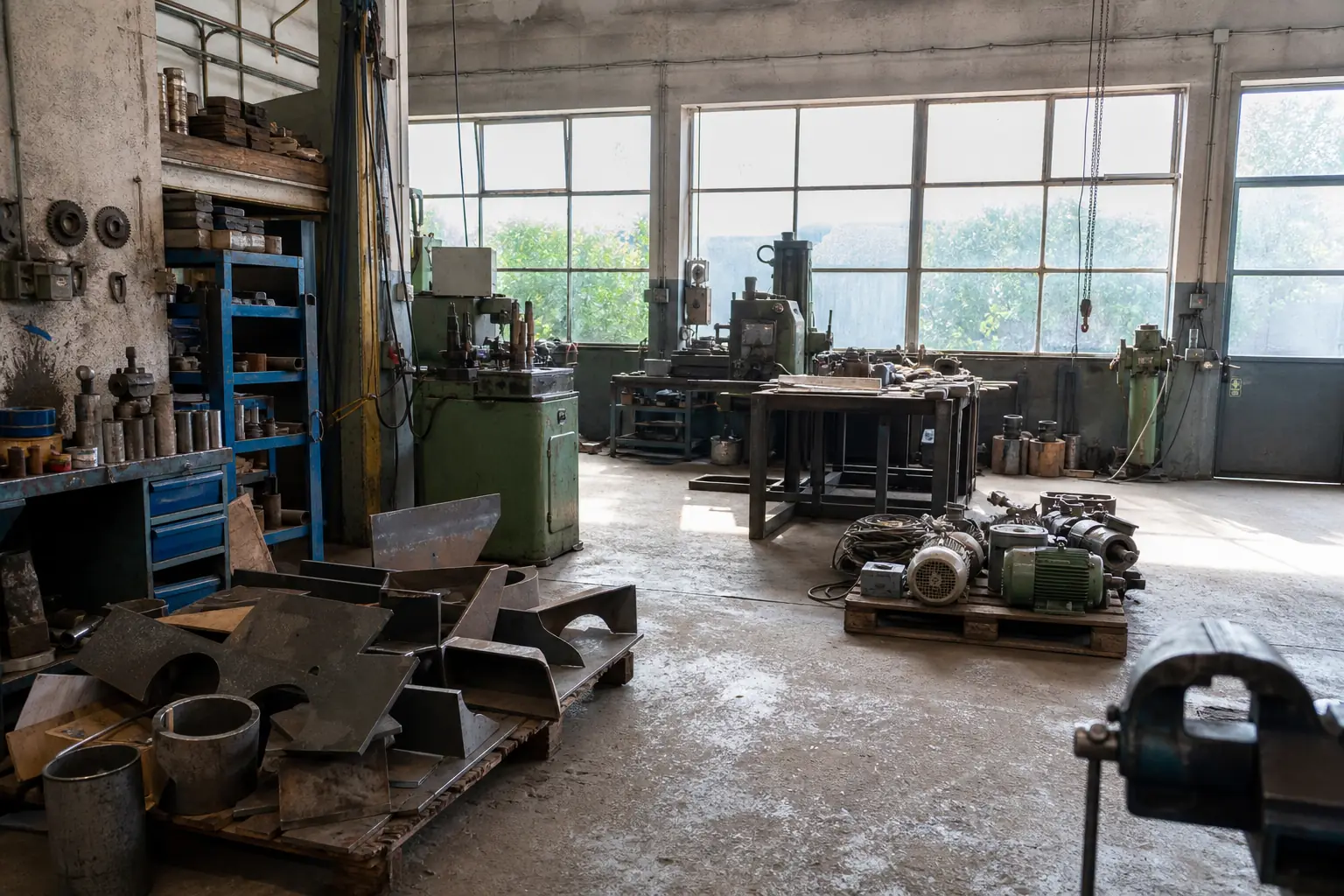 Werkstatt mit Stahlteilen, Motoren und Metallresten in Leverkusen