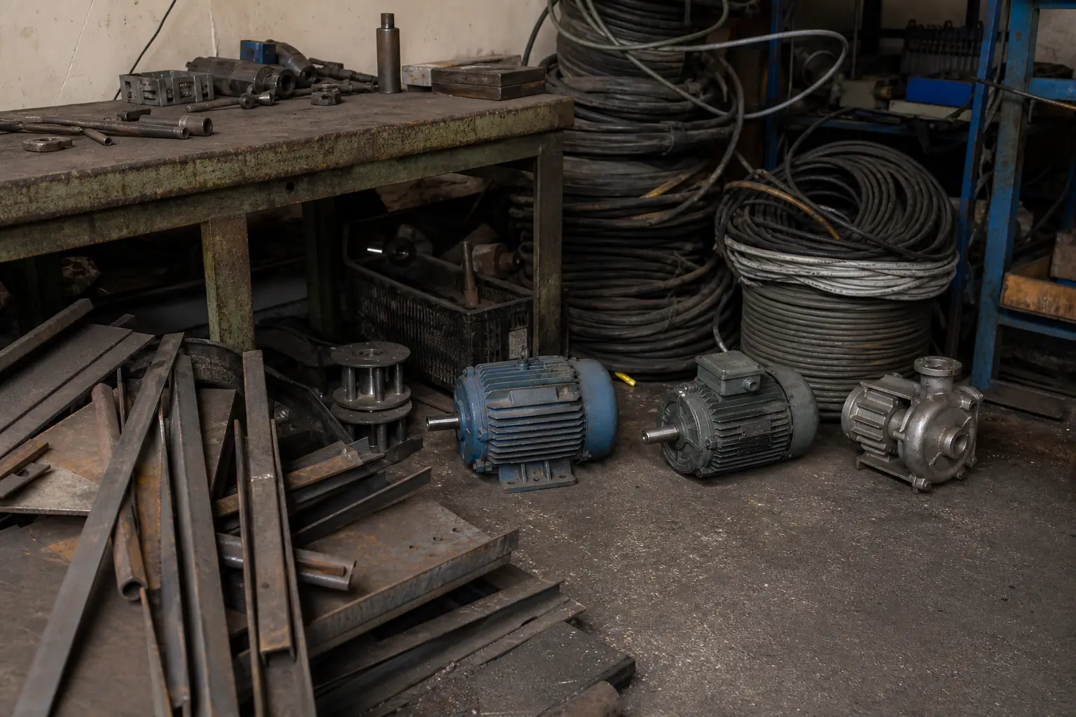 Werkstatt mit Kabeln, Elektromotoren und Metallteilen in Lüdenscheid