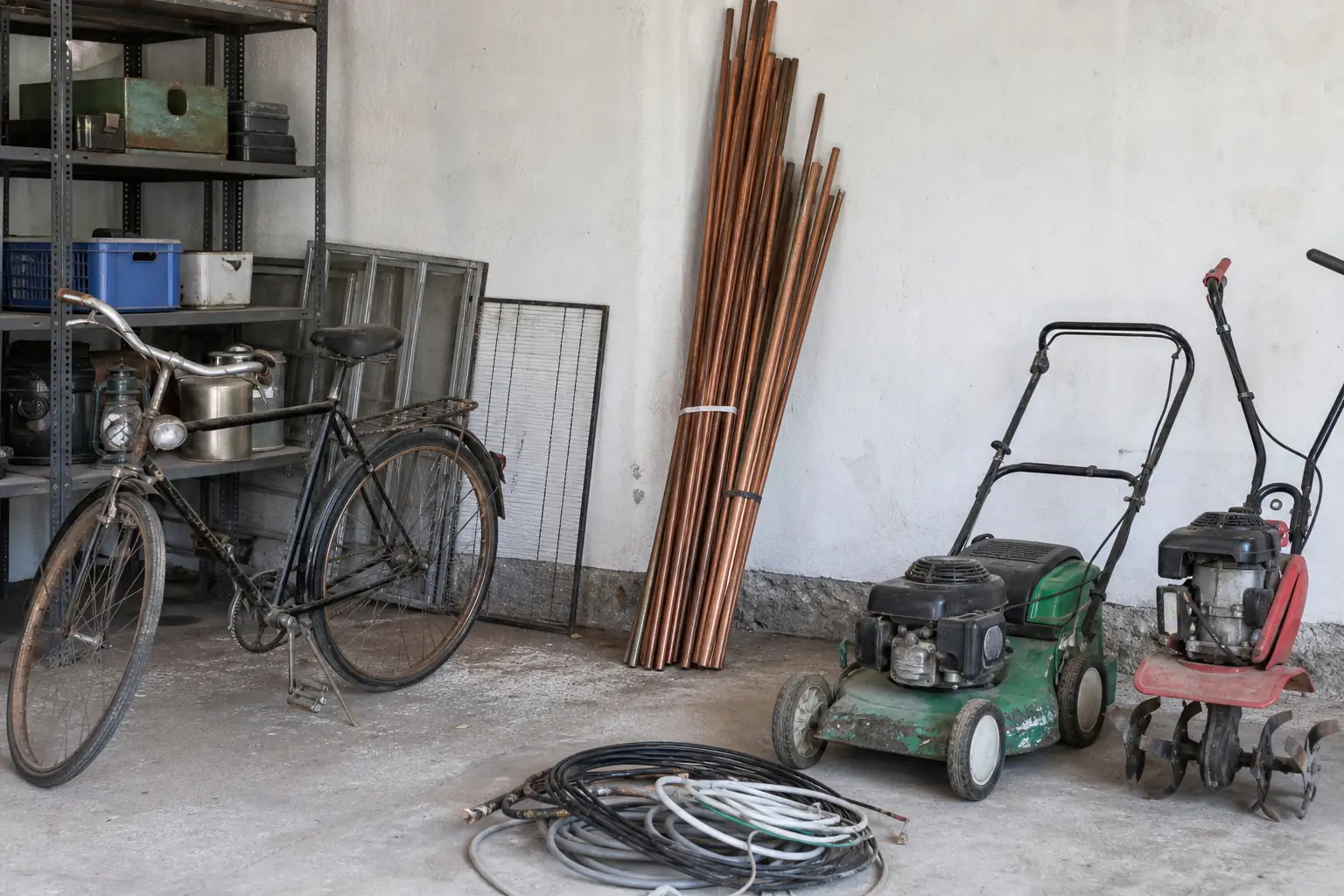 Werkstatt mit Kabeln, Metallteilen und Maschinenresten in Menden
