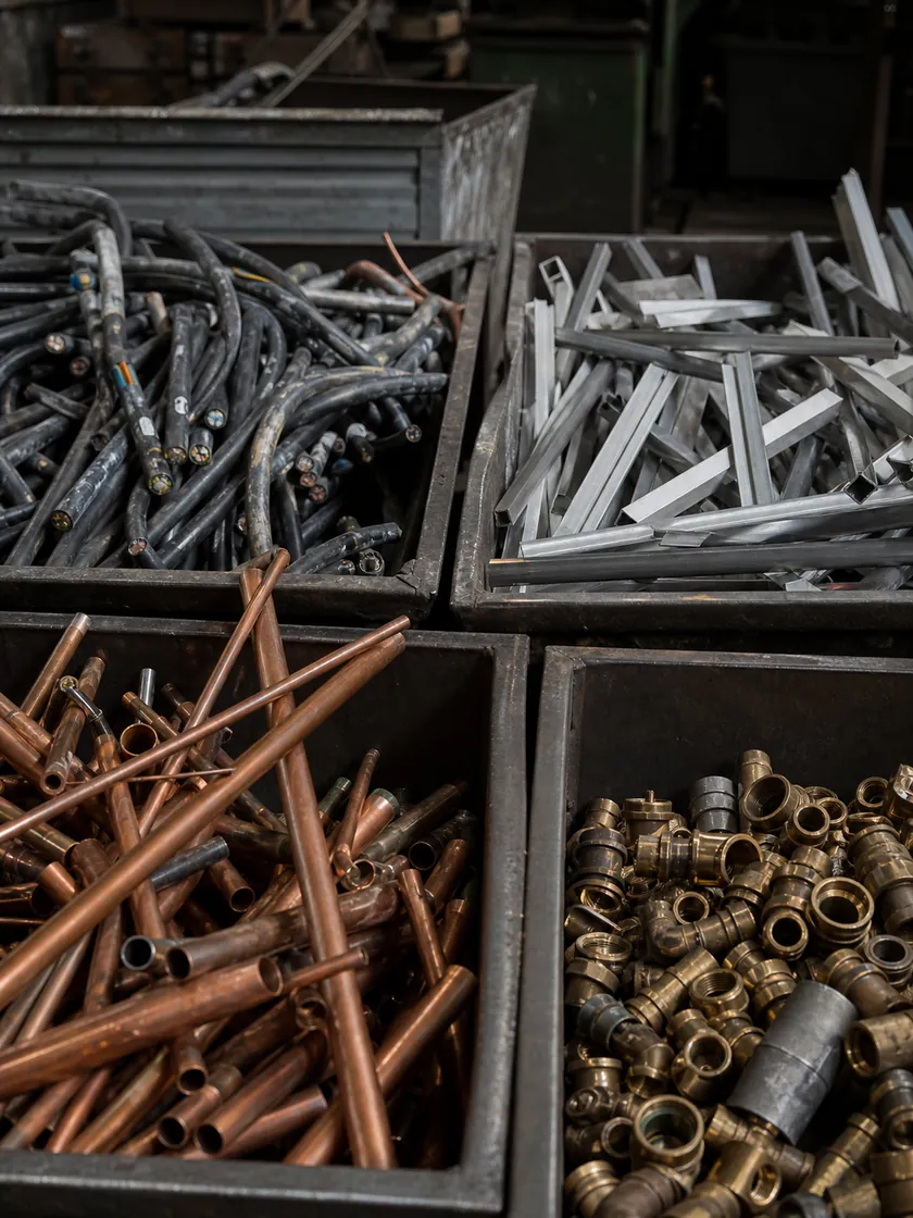 Sortierte Kabel, Kupferrohre, Messingfittings und Aluminium für den Metallankauf Essen