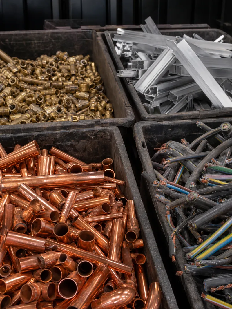 Getrennte Behälter mit Kupferrohren, Messing, Aluminiumprofilen und Kabeln für den Metallankauf Herten