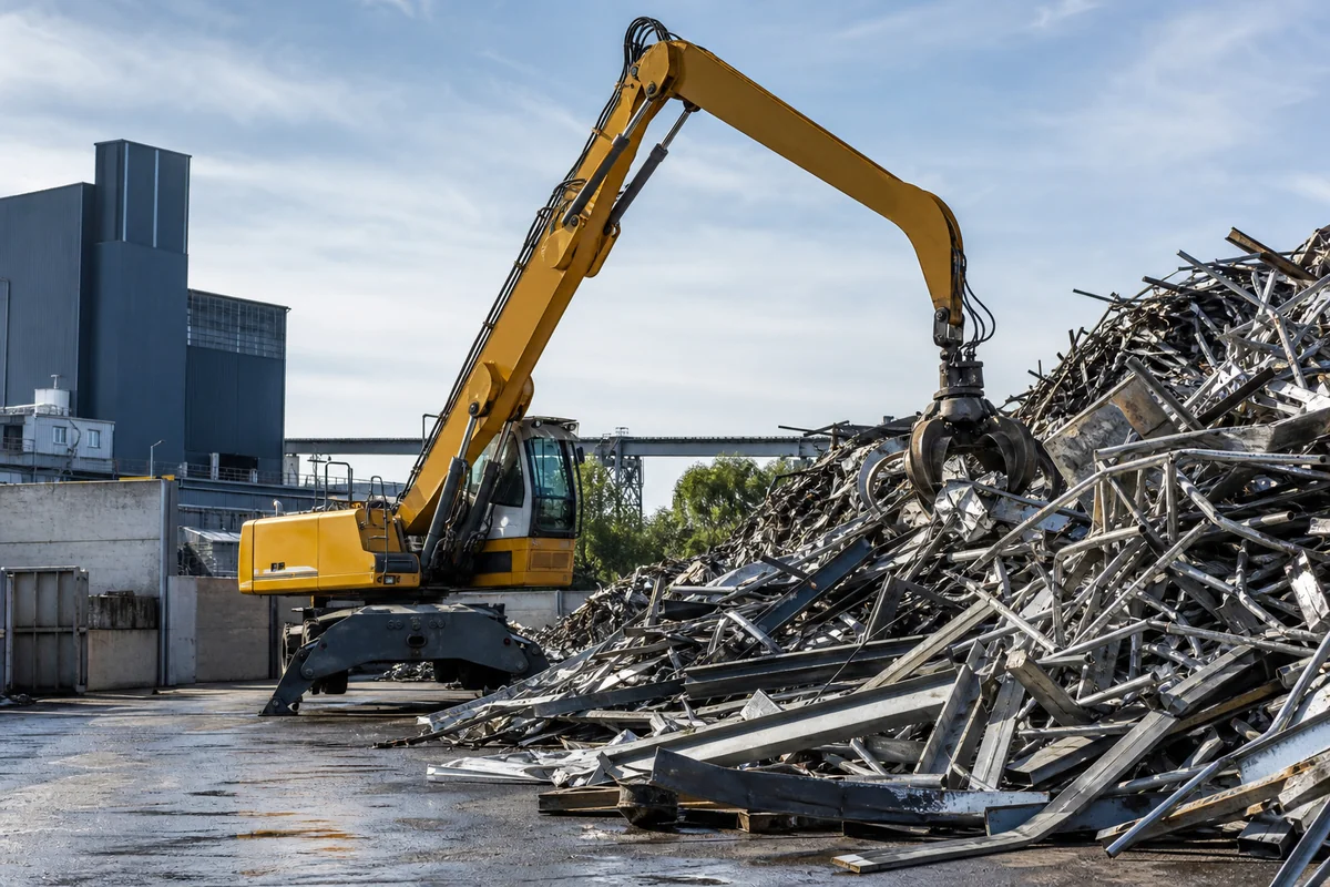 Materialumschlag mit Bagger und Metallschrott beim Metallrecycling in Dortmund