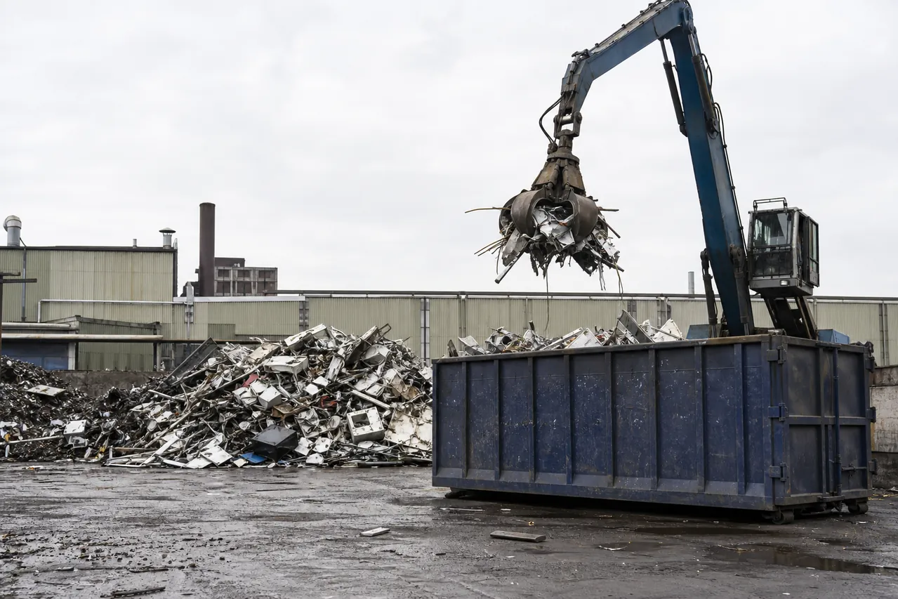 Greifer sortiert Metallschrott in einen Container beim Metallrecycling für Essen