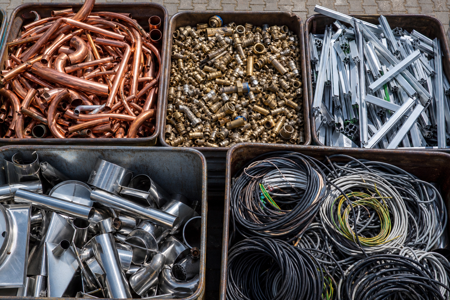 Getrennte Kupferrohre, Messingteile, Aluminiumprofile und Kabel f&uuml;r das Metallrecycling in Gelsenkirchen