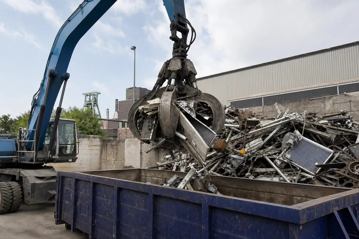 Greifer sortiert Metallschrott und Aluminiumprofile beim Metallrecycling für Herten
