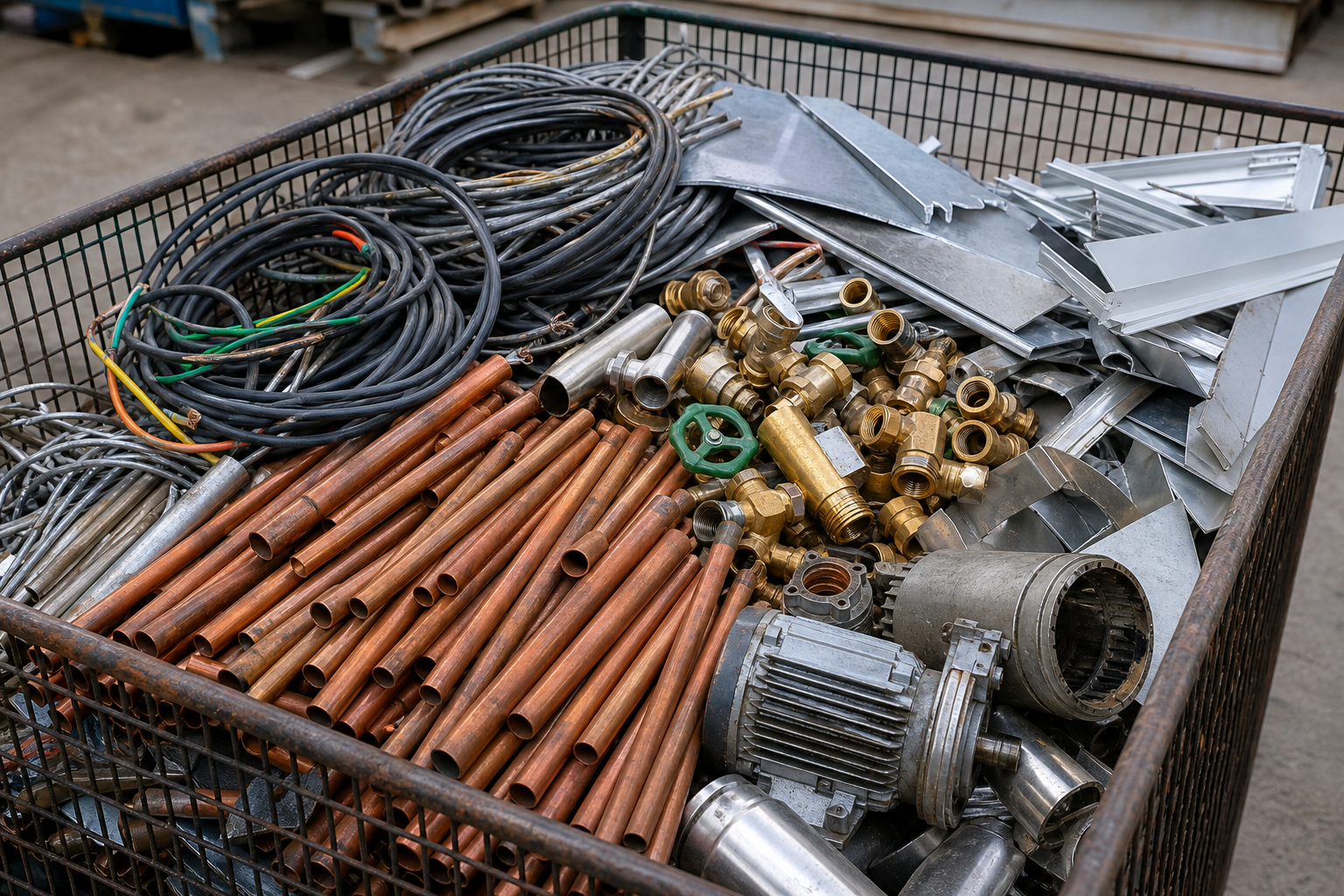 Sortierte Kupferrohre, Messingteile, Aluminium, Kabel und Elektromotoren f&uuml;r das Metallrecycling in Recklinghausen