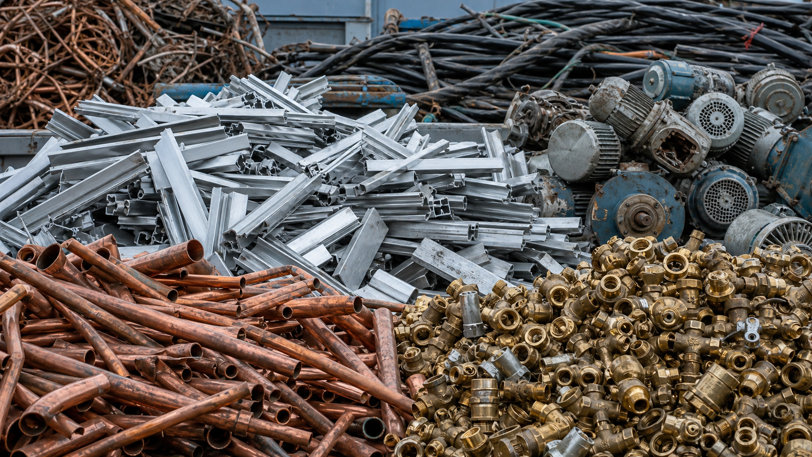 Getrennte Metalle mit Kupfer, Messing, Aluminium und Kabeln für das Metallrecycling in Witten