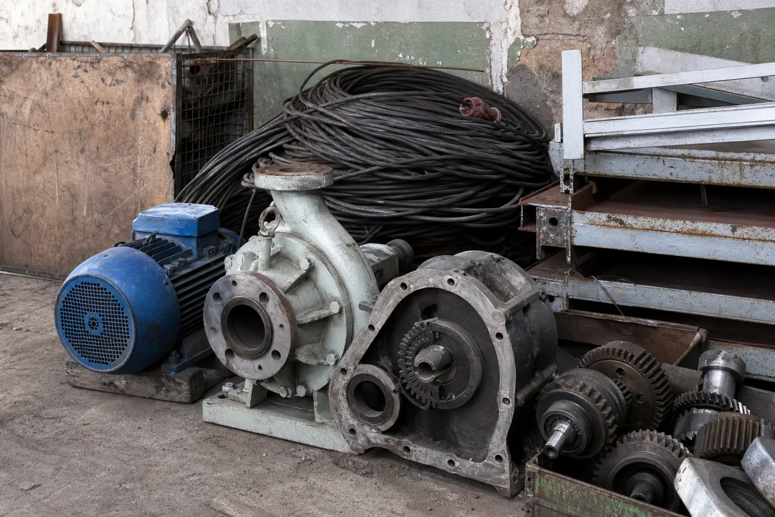 Pumpen, Elektromotor und Getriebeteile aus einer Werkstatt in Plettenberg
