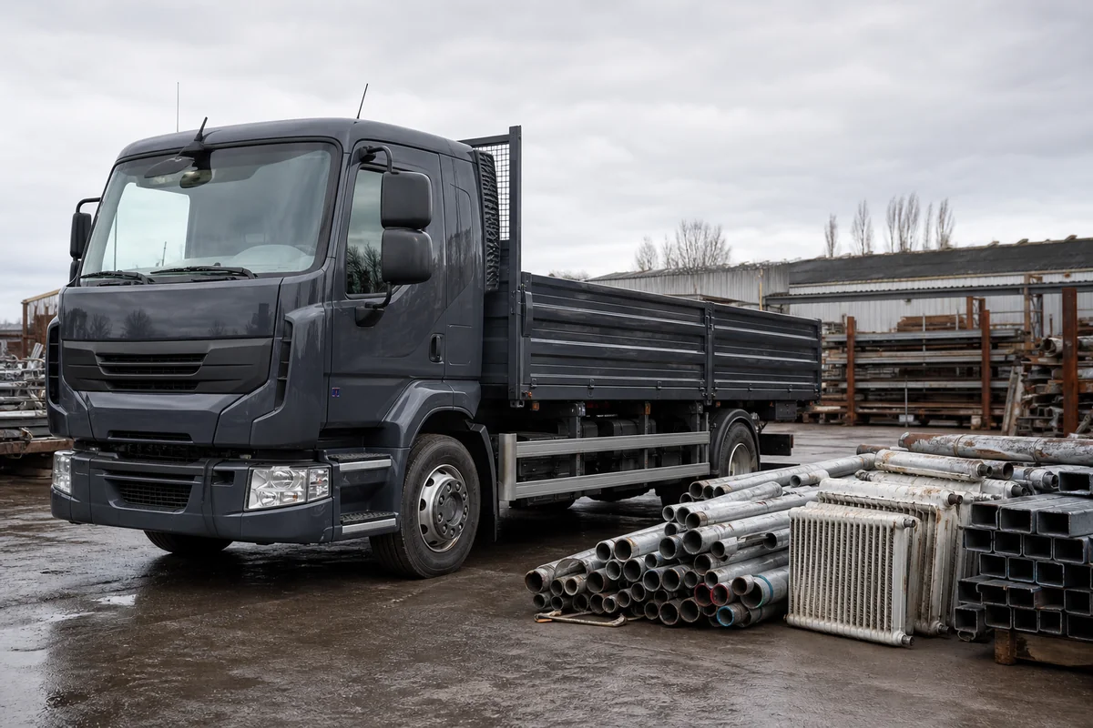 Recycling-Lkw mit Heizkörpern, Rohren und Metallschrott für die Schrottabholung Dortmund