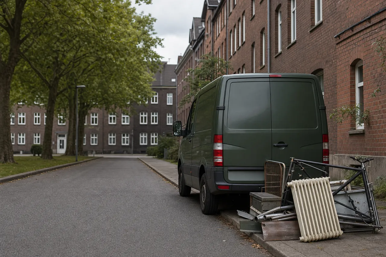 Transporter mit Heizkörper, Fahrradrahmen und Rohren für die Schrottabholung Essen