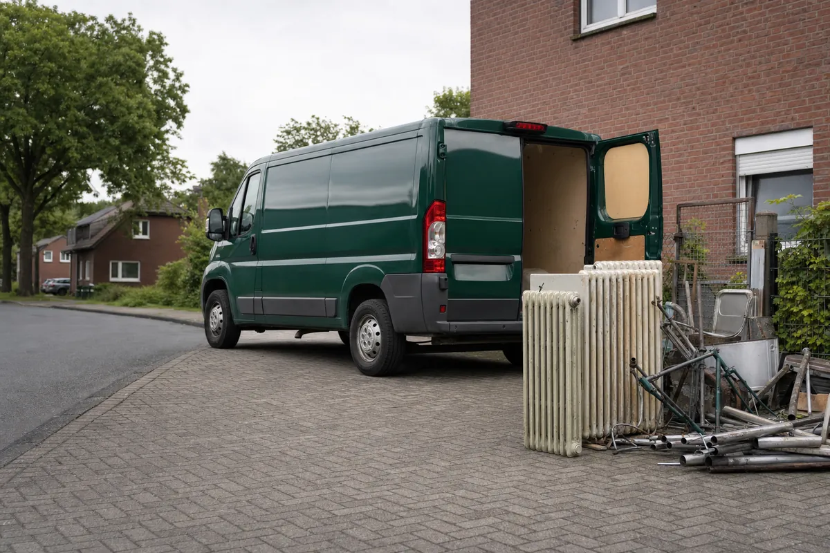 Grüner Transporter neben Heizkörpern, Rohren und Metallschrott für die Schrottabholung Herten