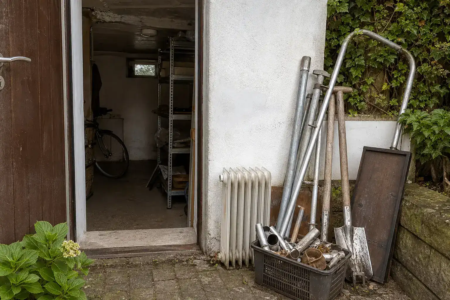 Metallteile vor einem Kellerzugang in Unna