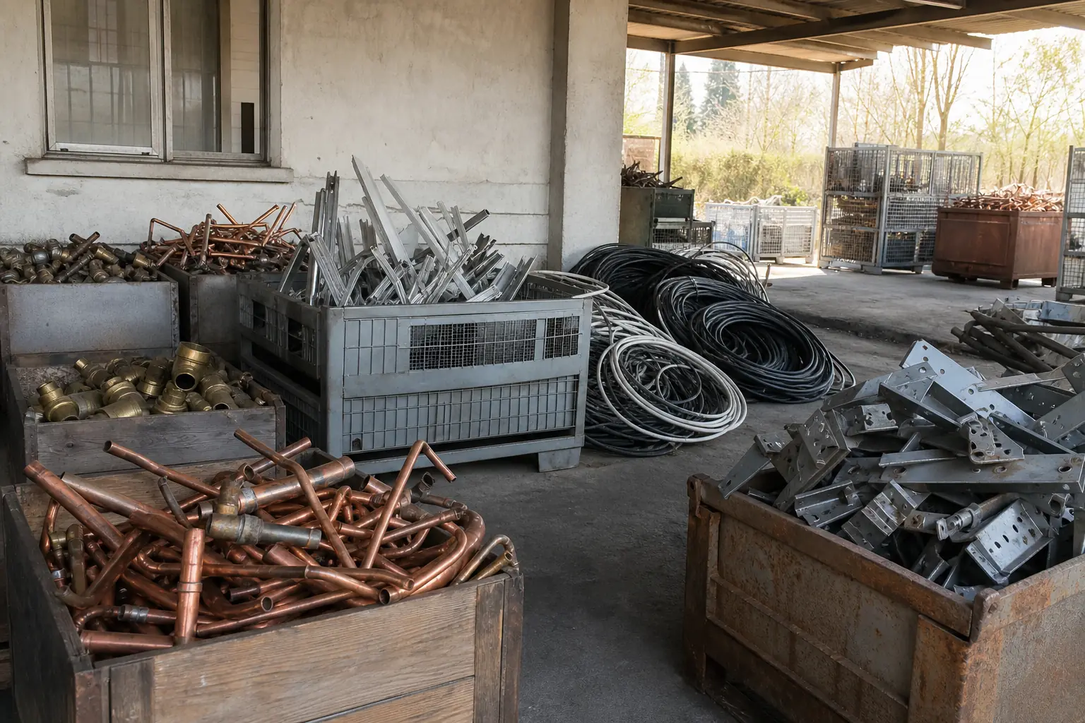 Sortierte Metalle und Kabel in einem Lagerbereich