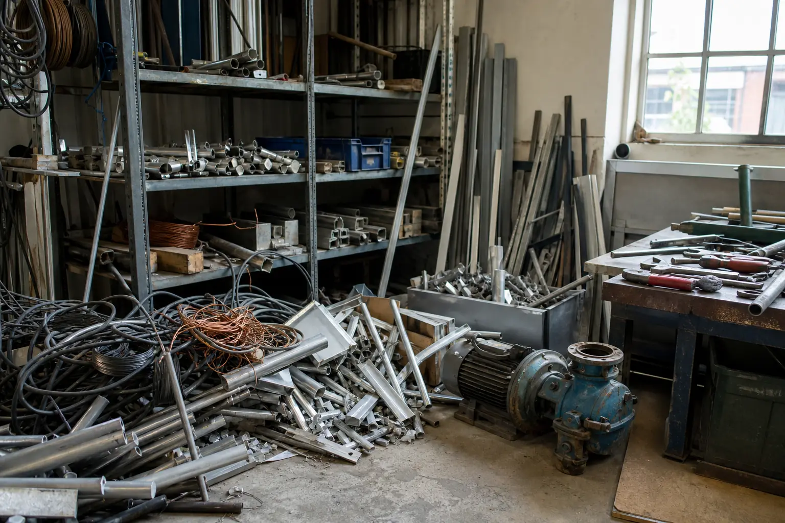 Werkstatt mit Kabeln, Aluminiumprofilen und Metallteilen in Unna